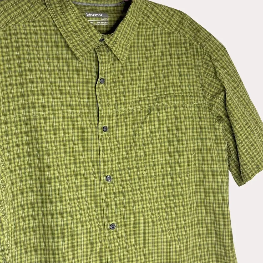 Marmot Mens Button Front Camp Shirt Top Plaid Zip Pocket Green XL